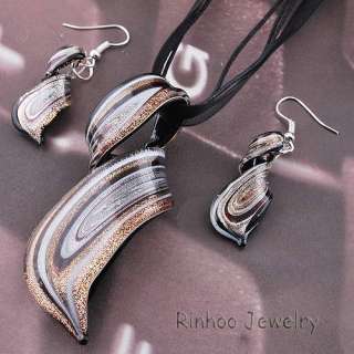   Twisty Striped Lampwork Murano Glass Necklace Earring Set Silver Foil