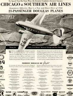 RARE CHICAGO & SOUTHERN AIRLINES DC 3 PLANE IN 1940 AD  
