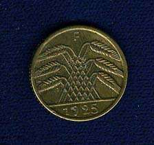 GERMANY WEIMAR REPUBLIC 1925 F 5 REICHSPFENNIG COIN, LARGE 5 XF+ 