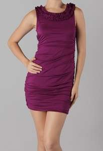   APPAREL Lined Purple Sleeveless Ruffle Neckline Runched Dress S, M, L