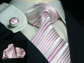 Landisun 573 Rosa weiß Streifen Krawatten Set 3tlg 100% Seide  