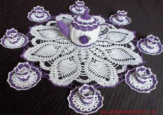 NEW, HANDMADE PURPLE AND WHITE TEAPOT SET CROCHET DOILY   WITH 8 CUPS 