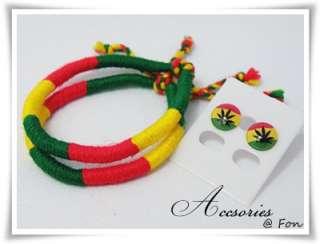 Rasta Set Earring & Yarn Bracelet Crochet Handmade 1 5  