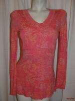 BFS03~CALVIN KLEIN JEANS Pink Coral V neck Long Sleeve Shirt Top Size 