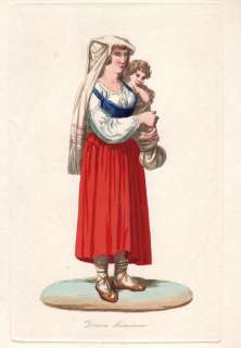 1830 donna di Saracinese costumi laziali bulino acquarellato depoca 