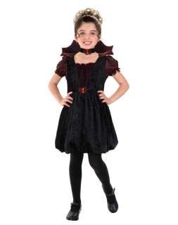 Spider Vampiress girls costume includes a black dress with red spider 