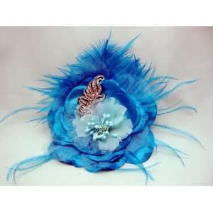  Teal Flower with Silver Feather Hair Clip and Pin 