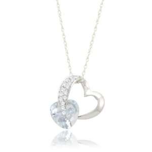 10k White Gold Heart Aquamarine Diamond Pendant Necklace (1/10 cttw, I 