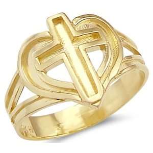  New Solid 14k Yellow Gold Beautiful Heart Cross Ring Jewelry