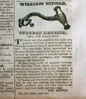 1838 newspaper w ILLUSTRATED DENTAL AD Extraction Tool  
