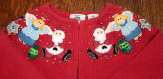   Christmas Sweater Appliqued Santa Angel Tree Tiara Zip Front Red
