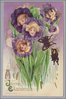 Schmucker Valentine Flower Faces Easter Purple Pansies Postcard