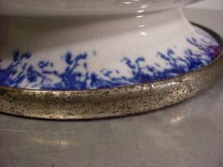 Antique Stoneware FLOW BLUE PEDESTAL BOWL Compote Lg