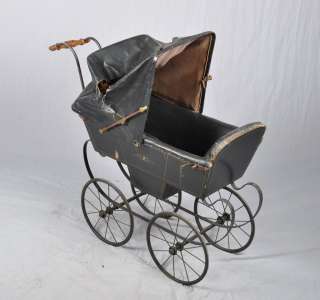 Antique toy Black Leather Baby Pram Carriage Early 1900s  