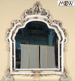 Solid Wood Antique White Finish Hand Carved Wall Table Hanging Mirror 