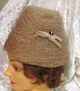 Vintage Taupe Beehive Style Netting Hat Retro  