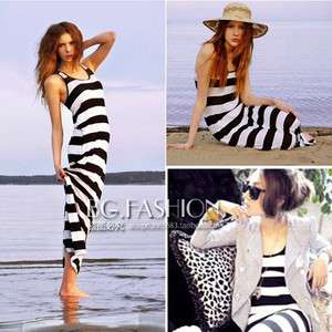   Sleeveless Crewneck Tunic Vest Black&White Stripe Maxi Long Dress