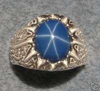 MENS 12X10MM LINDE BLUE STAR SAPPHIRE CREATED S/S RING  