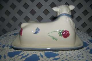   POPPIES ON BLUE BARNYARD 2PC LAMB COVER BUTTER DISH MINT  