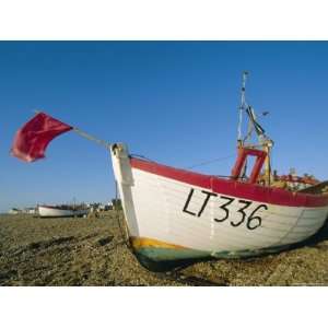 Fishing Boat with Red Flag on the Beach, Aldeburgh, Suffolk, England 