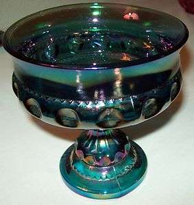 CARNIVAL GLASS BLUE PEDESTAL CANDY DISH/ COMPOTE BOWL KINGS CROWN 