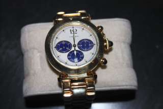 VINTAGE CARTIER 18K GOLD WATCH IVORY DIAL AND BLUE SUBDIALS  