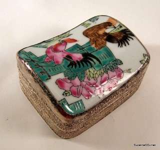 Antique Chinese Silver & Porcelain Roosters Box  