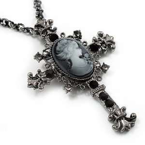  Cross Cameo Pendant Necklace (Gun Metal)   65cm Length Jewelry