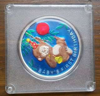 Babys First Birthday SILVER ROUND 1 TROY OUNCE colorized baby monkey 