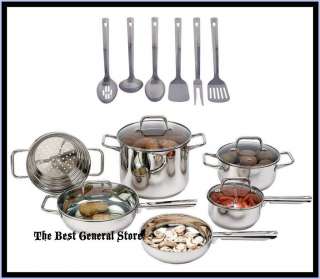 16pc Stainless Steel Cookware and Utensil Set with Glass Lids Pots and 