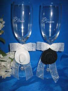 WESTERN WEDDING COWBOY HATS ETCHED TOASTING GLASSES  