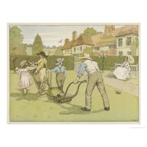 Children Ride on a Donkey as It Pulls a Lawn Mower Giclee Poster Print 