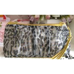   Grey Leopard Chiffon Cosmetic Messenger Makeup Pouch Bag Clutch Purse