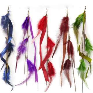   Color Feather Alloy Ribbon Style Chain Long Tessel Earrings  