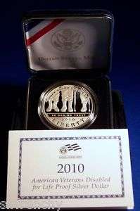 2010 W $1 Disabled Veterans Silver Dollar Proof OGP COA  
