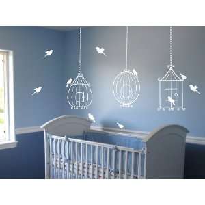  3 Bird Cages with 10 birds Wall Decals Sticker Nursery Decor 