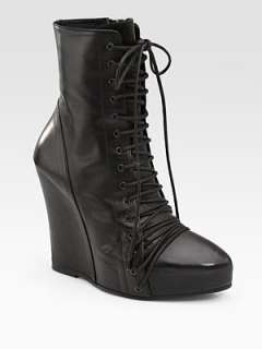 Ann Demeulemeester   Leather Lace Up Wedge Ankle Boots    