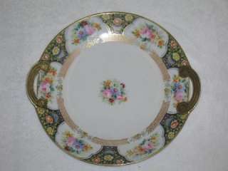 NIPPON GOLD BLACK FLORAL TABBED CAKE PLATE HAND PAINTED  