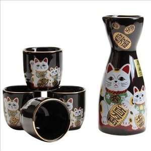  Porcelain Maneki Neko Sake Set Black