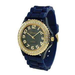NEW Geneva Navy Blue Gold Face SILICONE RUBBER JELLY WATCH With 