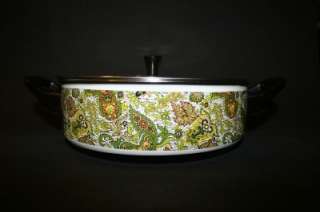   60s enamel 4pc cookware set green yellow paisley enamelware pots pans