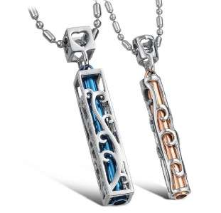   Blue & Gold Stainless Steel I Love You Wedding Couple Necklaces  