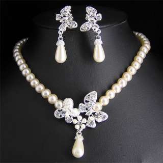 Wedding Bridal pearl &crystal necklace earring set S296  