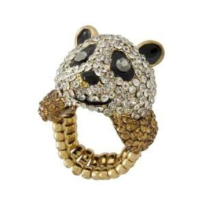 Rhinestone Encrusted Panda Stretch Ring Gold Jewelry