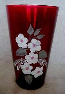 Large Ruby Red Blown Glass Vase w/Hand Painted Daisies  