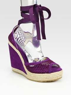 Jimmy Choo   Suede and Mesh Espadrille Wedge Sandals    