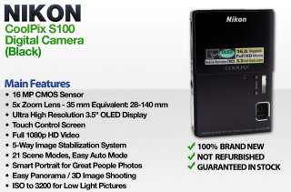 Nikon CoolPix (Black) S100 16 MP 5x Zoom Digital Camera 18208262809 