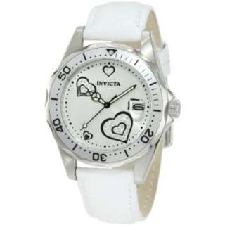 Invicta Womens 12401 Pro Diver Silver Heart Dial White Leather Watch 