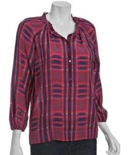 BCBGMAXAZRIA boysenberry silk plaid ruffle blouse   
