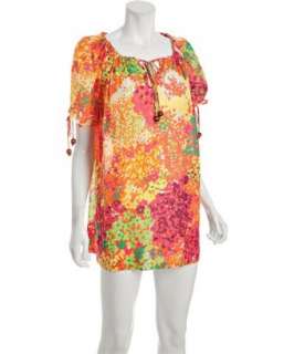 Shoshanna orange watercolor floral tie neck coverup tunic   up 